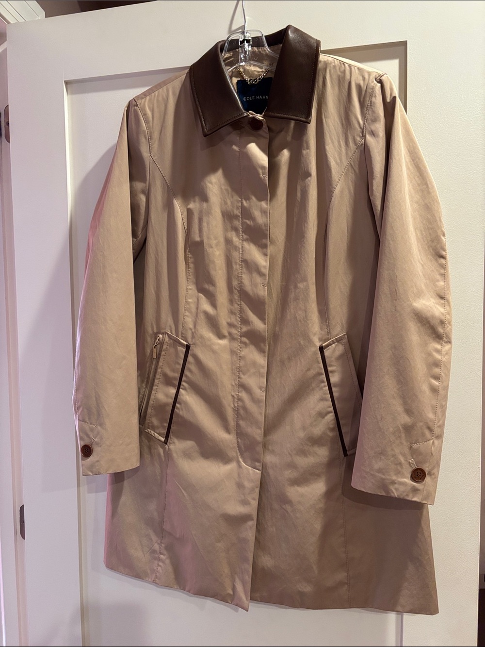 Cole Haan Tan Trench Coat with Dark Brown Leather Collar